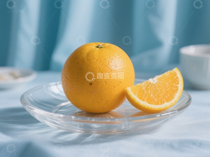 高清大图下载【趣麦麦图】橙子与切片置于透明盘中
