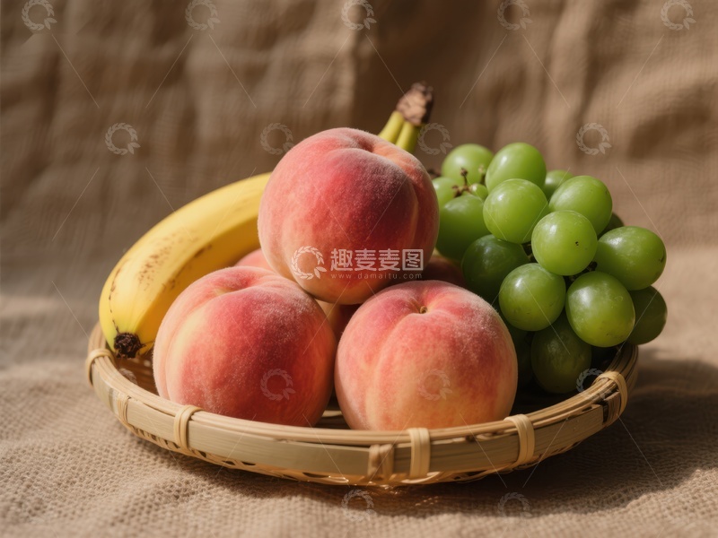 高清大图下载【趣麦麦图】竹篮中的桃子、葡萄与香蕉
