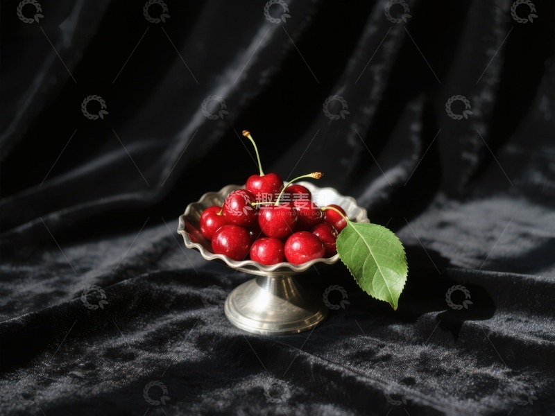 高清大图下载【趣麦麦图】银盘中的樱桃与绿叶