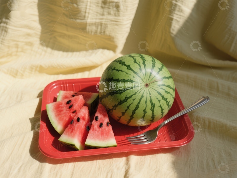 高清大图下载【趣麦麦图】切片西瓜与整瓜置于红色托盘