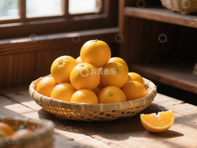 高清大图下载【趣麦麦图】竹篮中的新鲜橙子