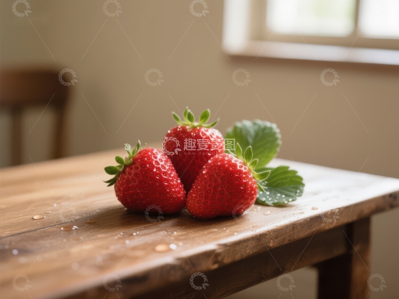 高清大图下载【趣麦麦图】三颗草莓静置于木质桌面上
