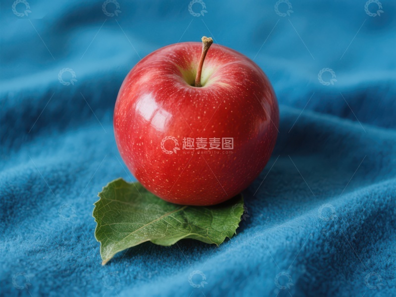 高清大图下载【趣麦麦图】红苹果与绿叶置于蓝色布上