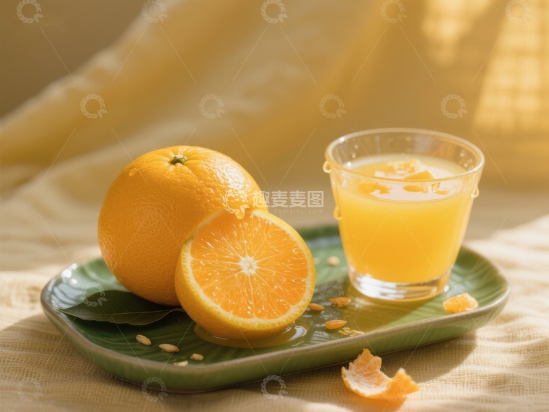高清大图下载【趣麦麦图】新鲜橙子与橙汁的静谧组合