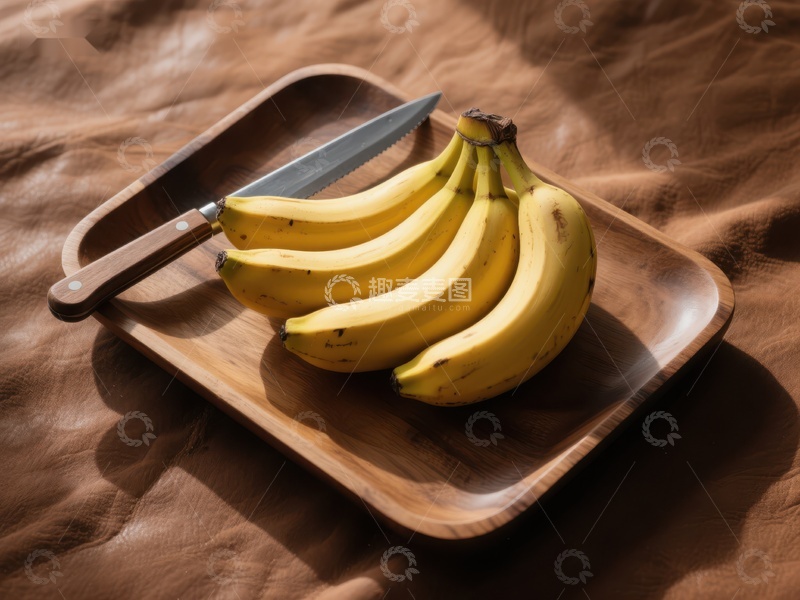 高清大图下载【趣麦麦图】木盘上的香蕉与刀具