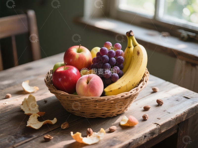 高清大图下载【趣麦麦图】木桌上的水果篮