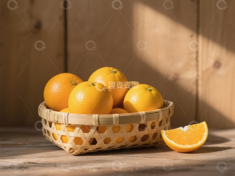 高清大图下载【趣麦麦图】竹篮中的橙子与阳光