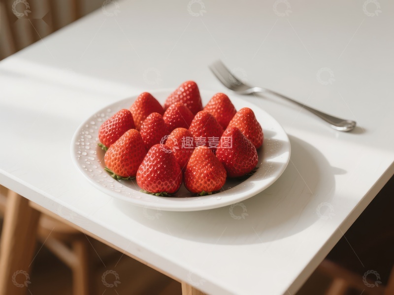 高清大图下载【趣麦麦图】新鲜草莓盛放在白色盘中