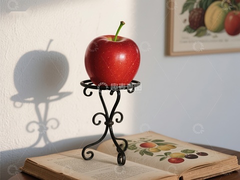 红苹果置于铁架上，背景为书籍与水果画