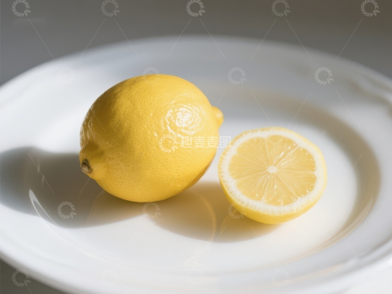 高清大图下载【趣麦麦图】新鲜柠檬与切片置于白色盘中