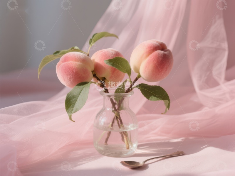 高清大图下载【趣麦麦图】玻璃瓶中的桃子与绿叶