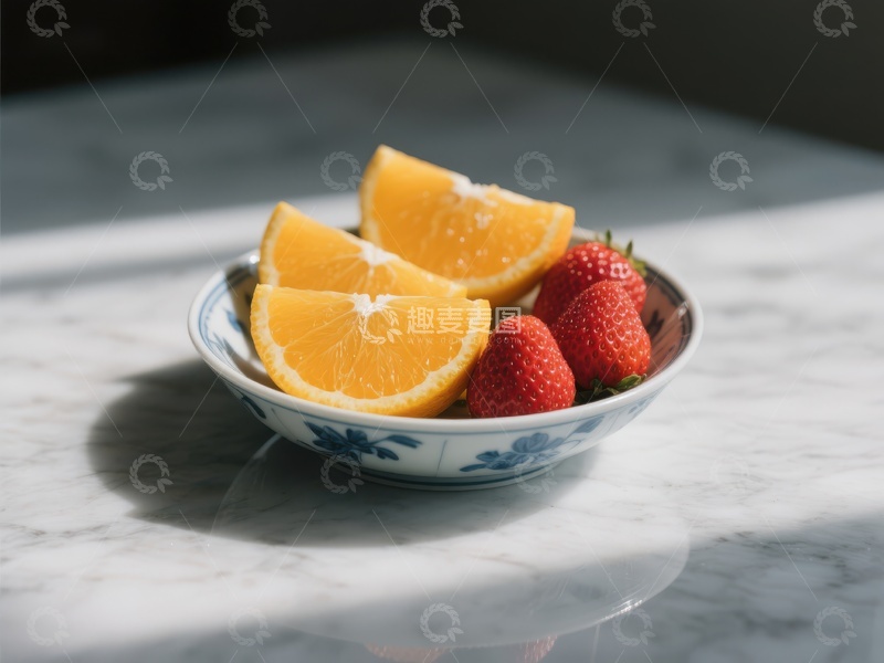 高清大图下载【趣麦麦图】橙片草莓置于瓷碗中