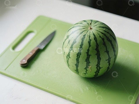 西瓜置于绿色砧板上，旁配刀具