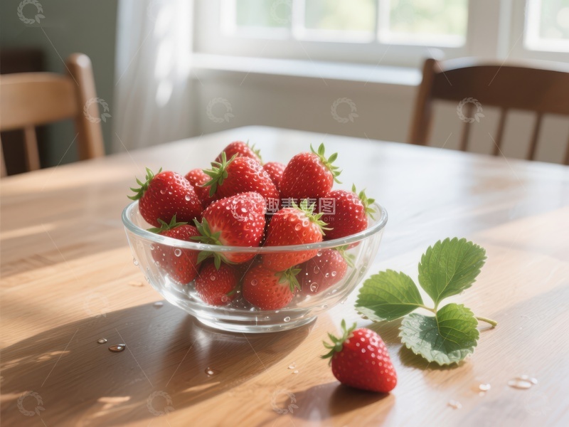 高清大图下载【趣麦麦图】新鲜草莓置于透明碗中，阳光洒落餐桌