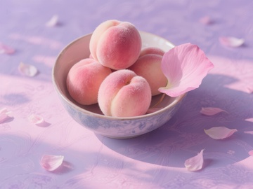 碗中桃子与花瓣的柔美静物