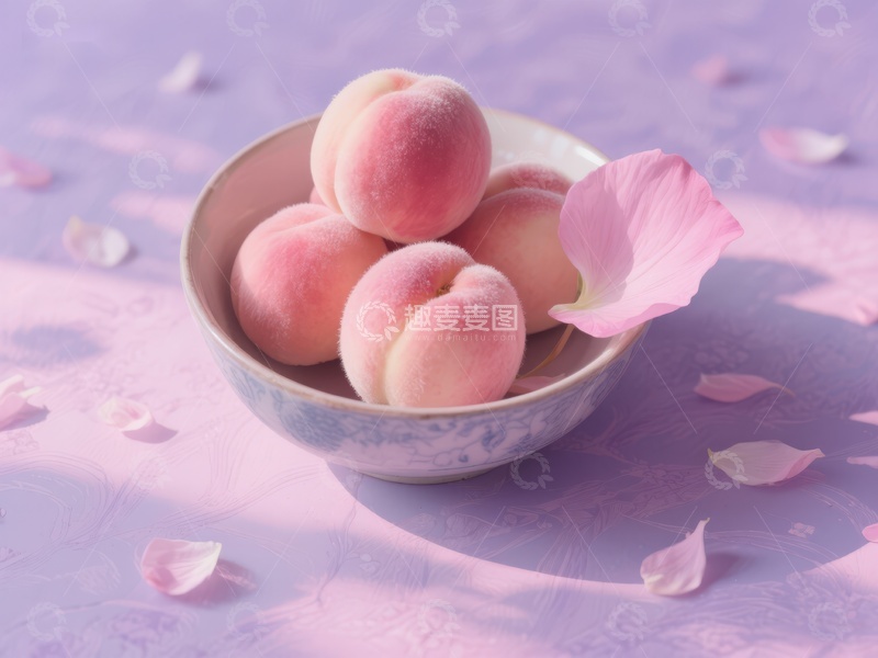 高清大图下载【趣麦麦图】-碗中桃子与花瓣的柔美静物