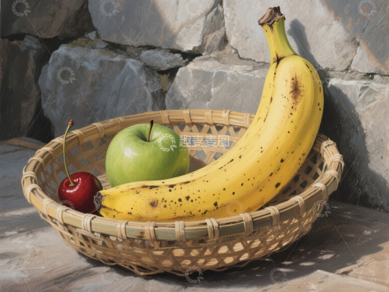 高清大图下载【趣麦麦图】竹篮中的香蕉、苹果和樱桃