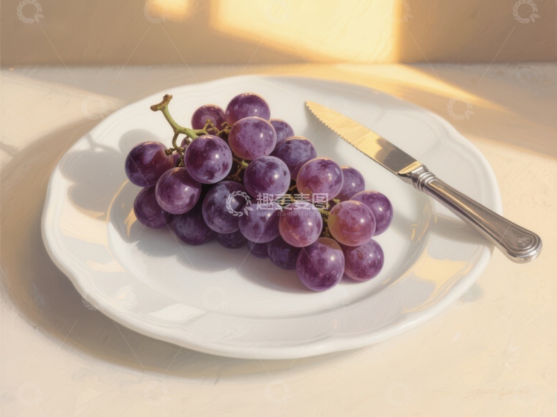 高清大图下载【趣麦麦图】盘中紫葡萄与刀具