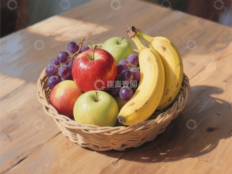 高清大图下载【趣麦麦图】水果篮中的新鲜苹果、香蕉和葡萄