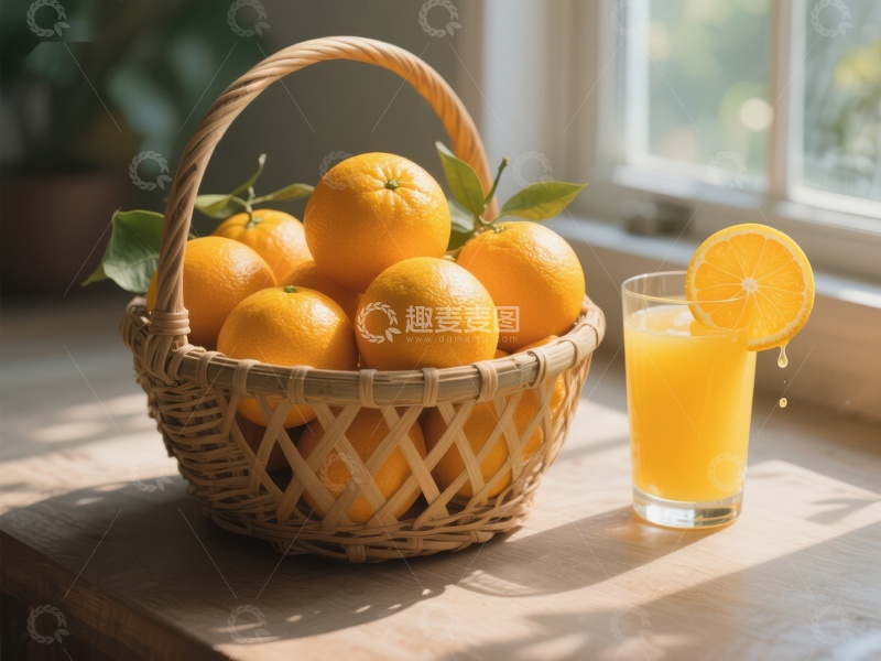 高清大图下载【趣麦麦图】橙子篮与鲜榨果汁