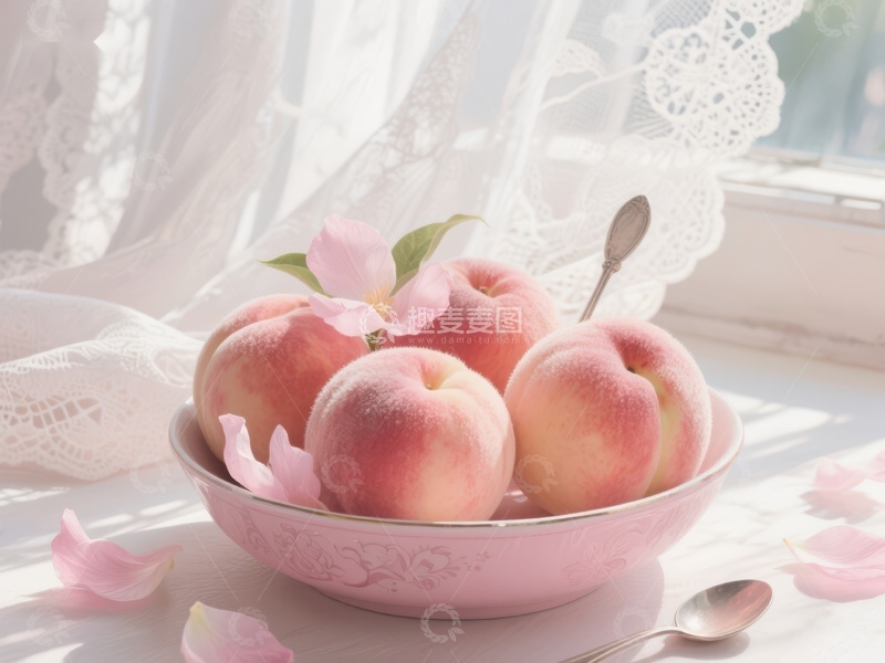 高清大图下载【趣麦麦图】粉嫩桃子静置碗中，窗边柔光映衬