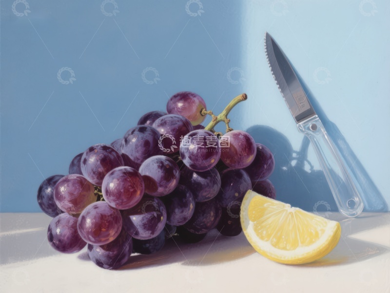 高清大图下载【趣麦麦图】葡萄、柠檬与刀的静物组合