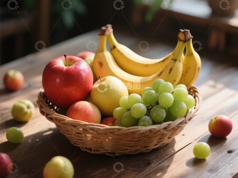 高清大图下载【趣麦麦图】新鲜水果篮，包含苹果、香蕉和葡萄