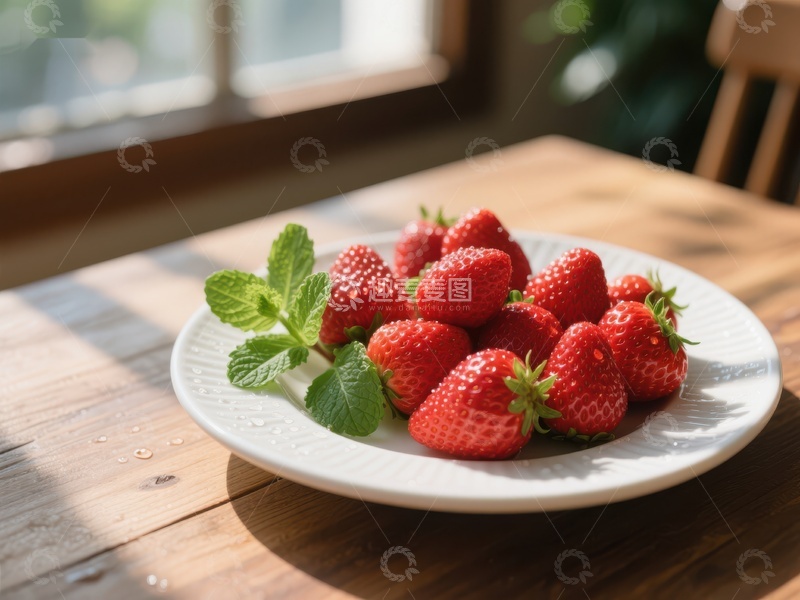 高清大图下载【趣麦麦图】新鲜草莓配薄荷叶，置于木质桌面上