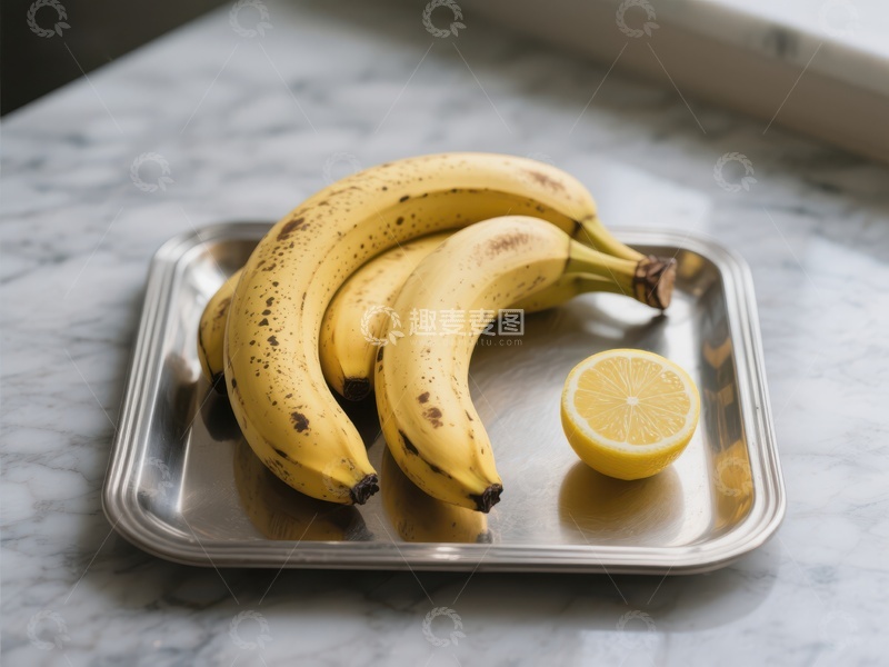 高清大图下载【趣麦麦图】香蕉与柠檬置于金属托盘