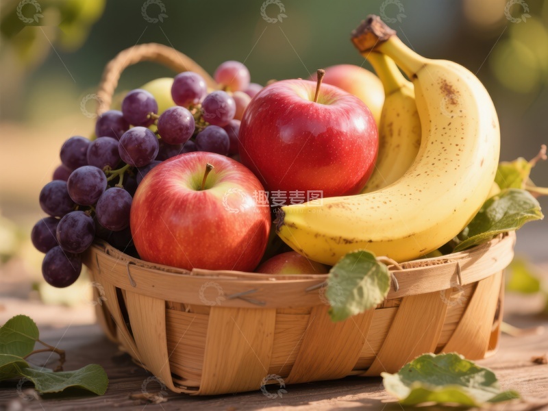 高清大图下载【趣麦麦图】新鲜水果篮：苹果、香蕉与葡萄