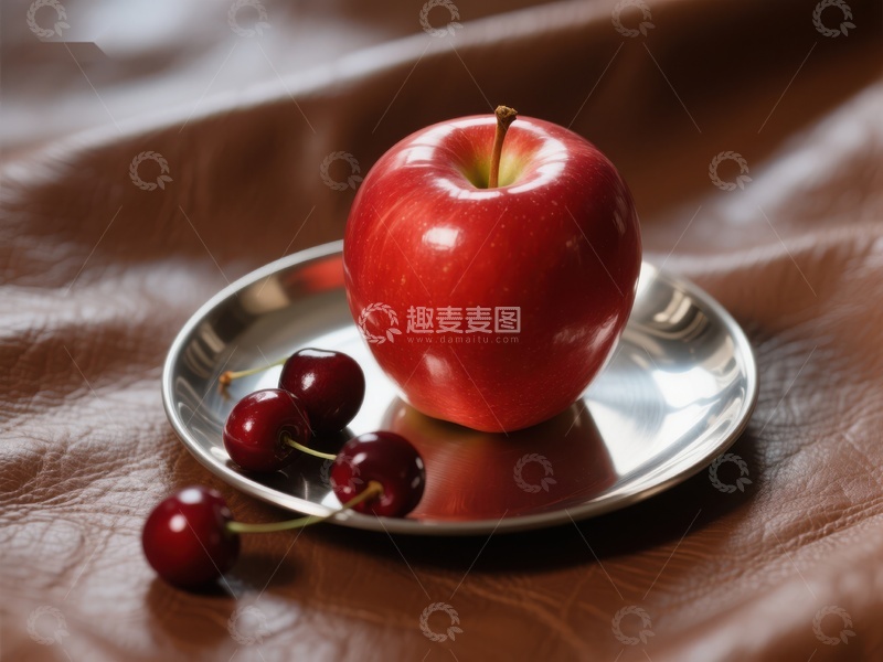高清大图下载【趣麦麦图】红苹果与樱桃置于金属盘上