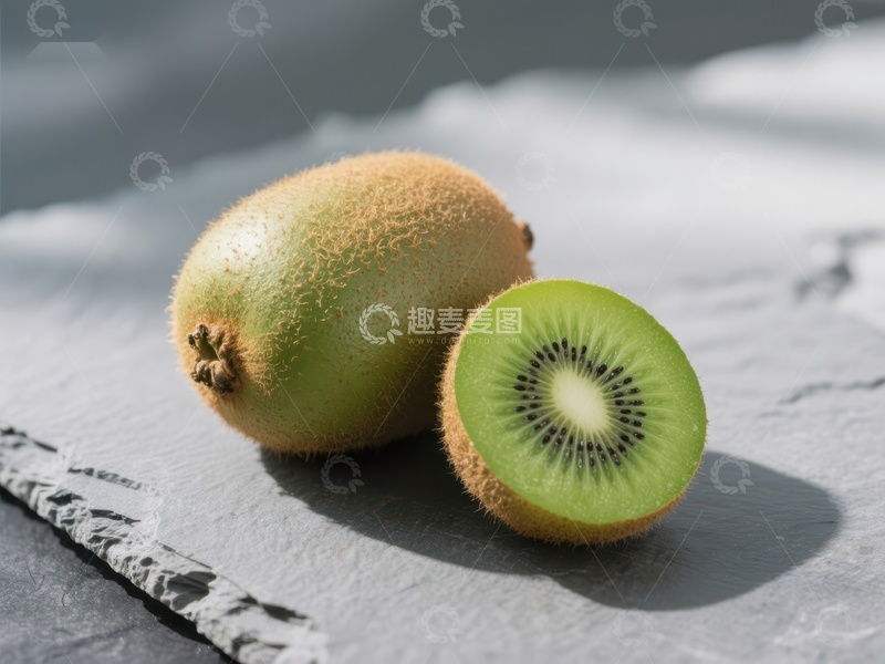高清大图下载【趣麦麦图】新鲜猕猴桃，一半切开展示果肉