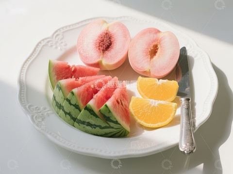 夏日水果拼盘：桃子、西瓜与橙片