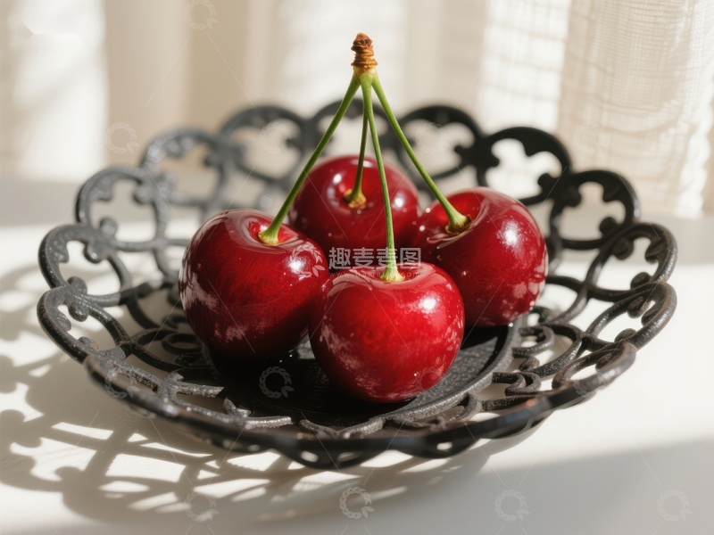 高清大图下载【趣麦麦图】红樱桃置于复古铁艺盘中