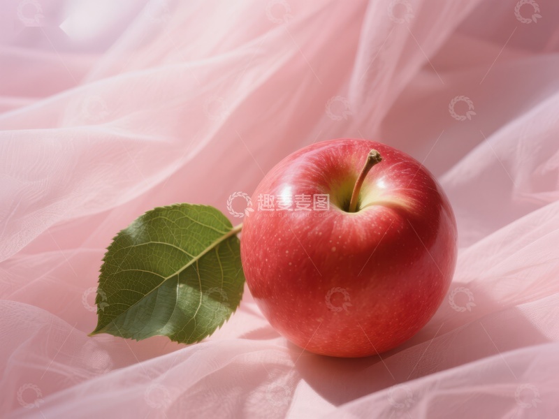 高清大图下载【趣麦麦图】红苹果与绿叶置于粉纱之上