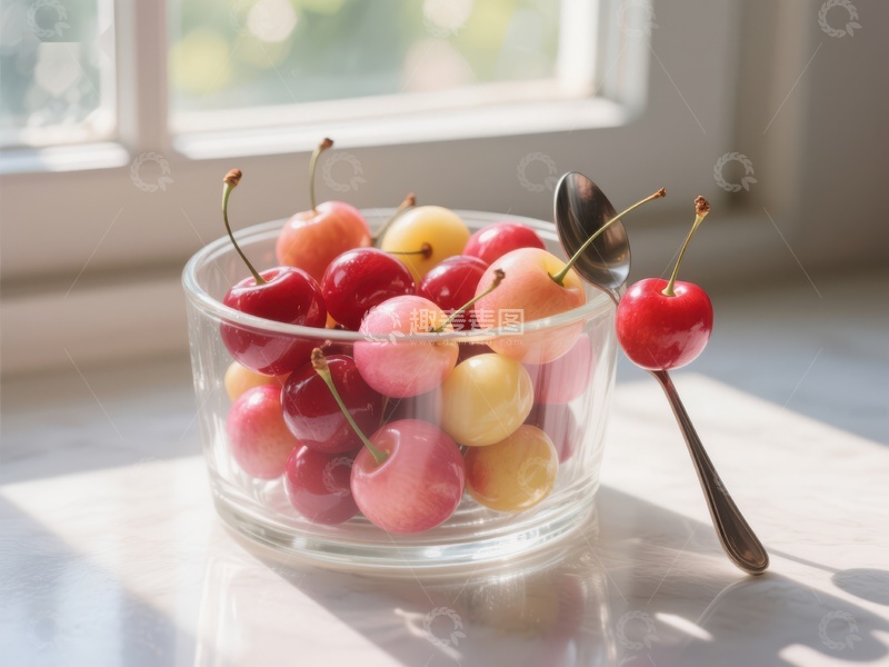 高清大图下载【趣麦麦图】阳光下的樱桃与勺子