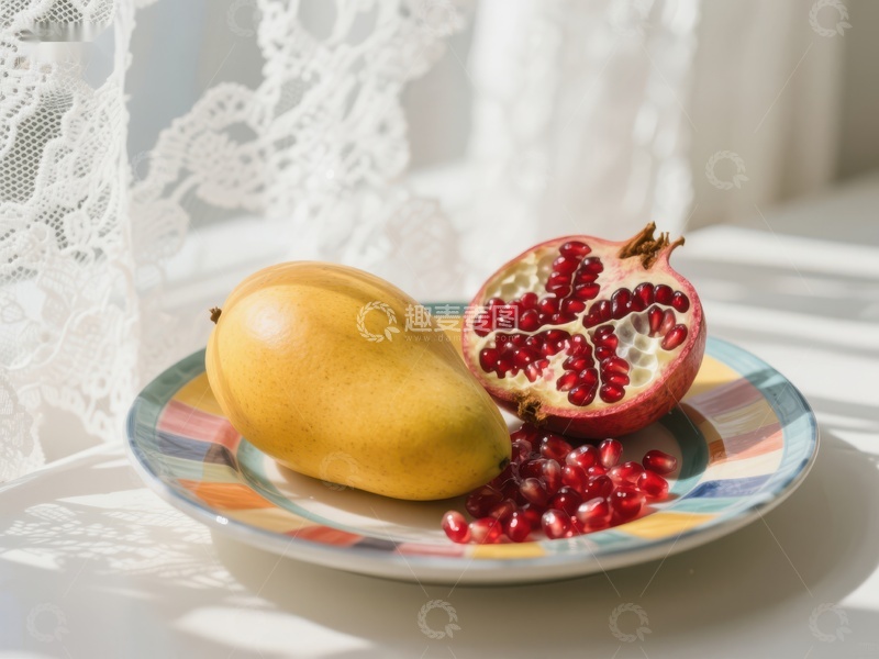 高清大图下载【趣麦麦图】盘中石榴与梨的静物组合