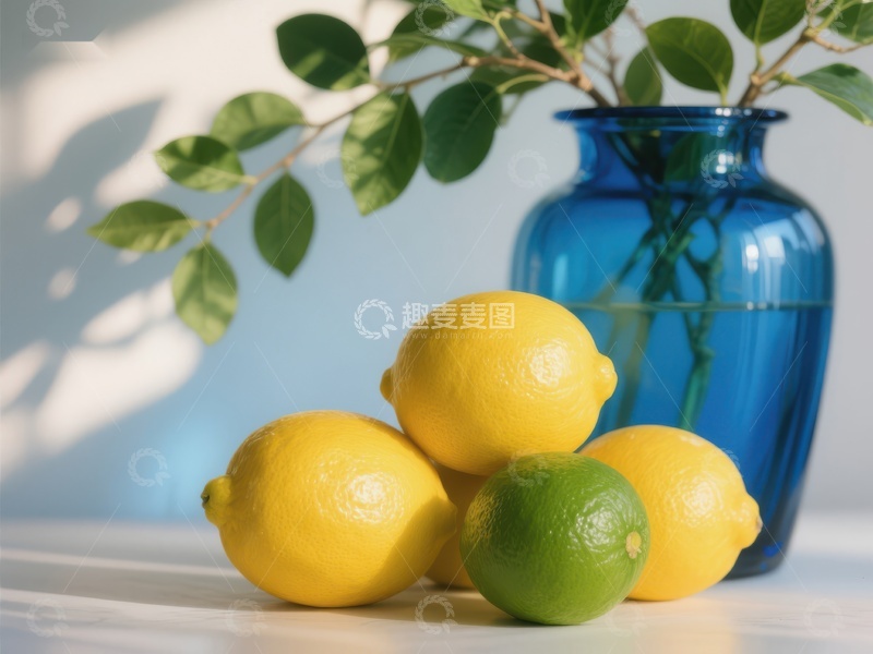 高清大图下载【趣麦麦图】蓝瓶绿叶与柠檬静物