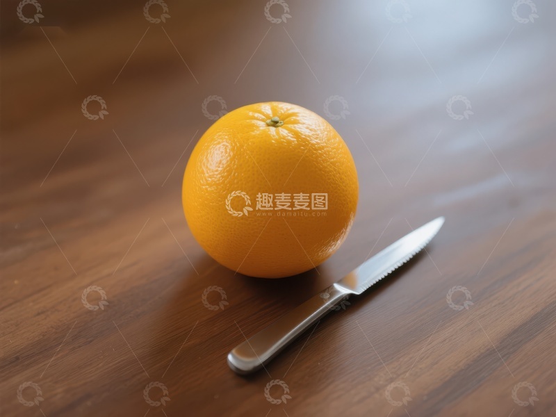 高清大图下载【趣麦麦图】橙子与刀置于木质桌面