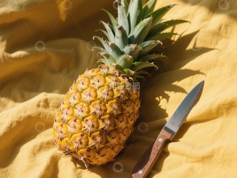 高清大图下载【趣麦麦图】菠萝与刀具置于黄色布料上