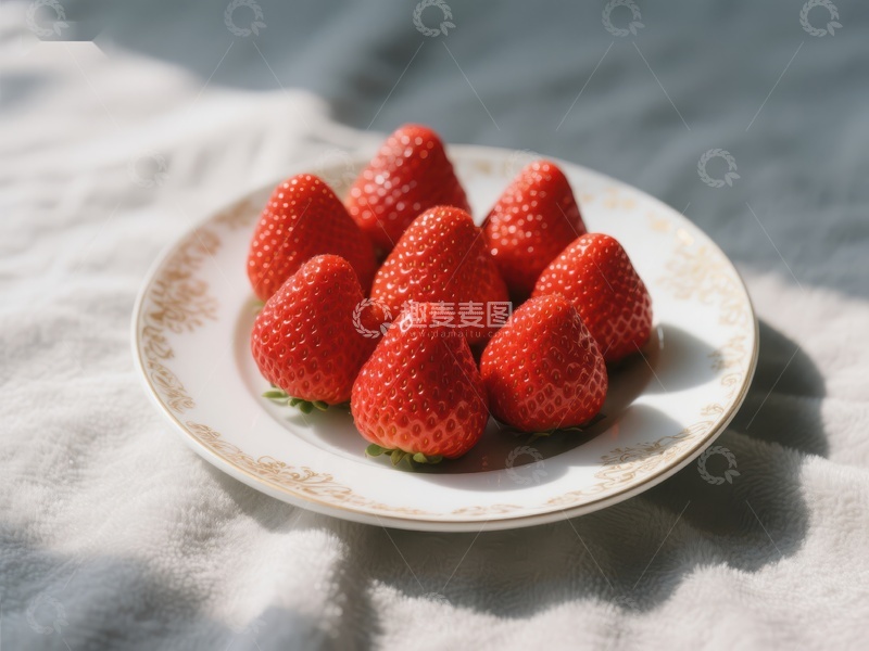 高清大图下载【趣麦麦图】盘中新鲜草莓，阳光洒落