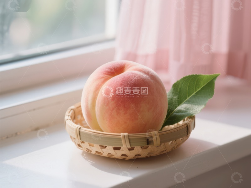 高清大图下载【趣麦麦图】窗边竹篮中的新鲜桃子