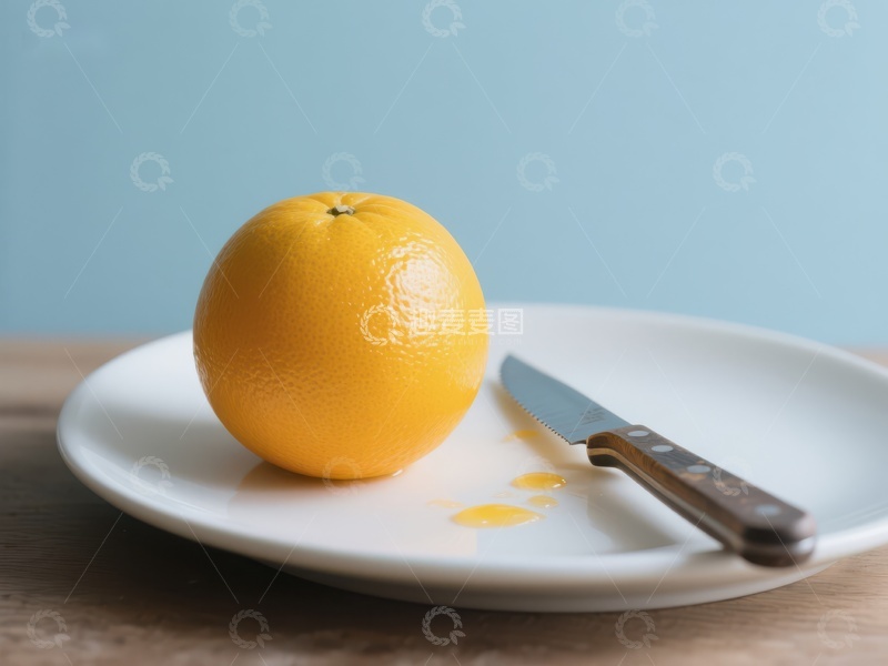 高清大图下载【趣麦麦图】橙子与刀置于白色盘上