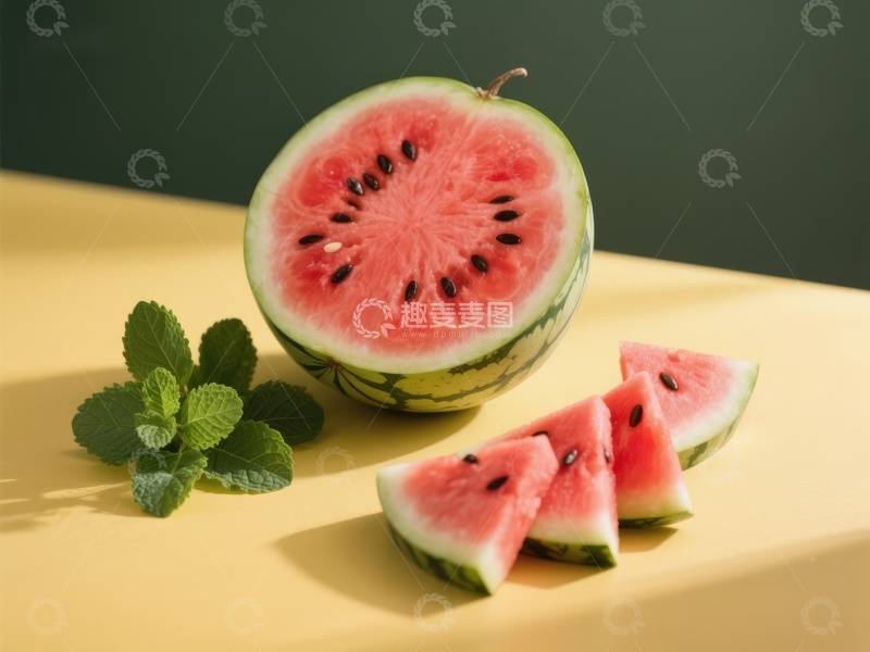 高清大图下载【趣麦麦图】切开的西瓜与薄荷叶