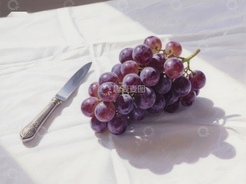 高清大图下载【趣麦麦图】葡萄与刀具的静物画