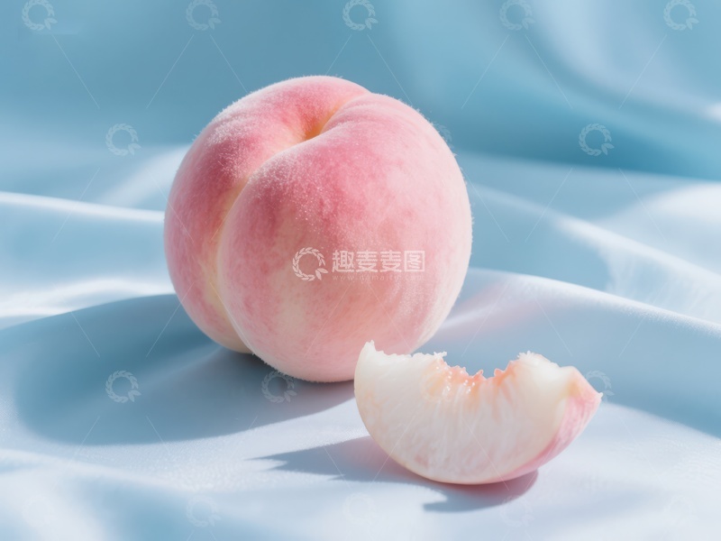 高清大图下载【趣麦麦图】新鲜桃子与切片，蓝布背景