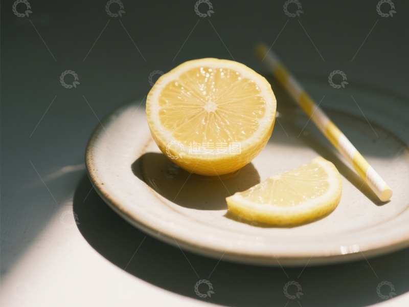 高清大图下载【趣麦麦图】柠檬切片与吸管置于盘中