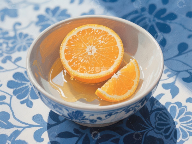 高清大图下载【趣麦麦图】橙片浸泡在碗中的清水中