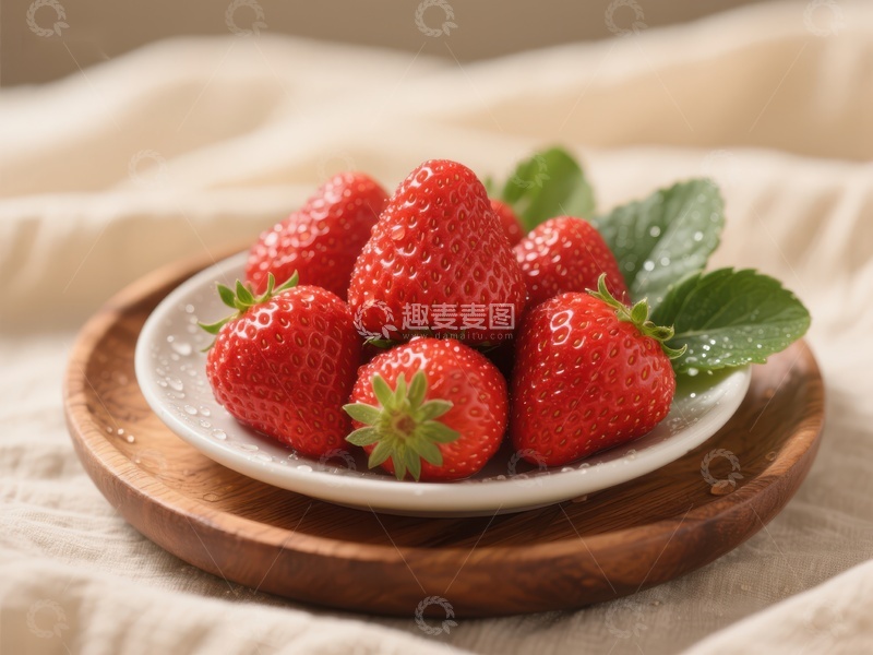 高清大图下载【趣麦麦图】新鲜草莓置于木质托盘上