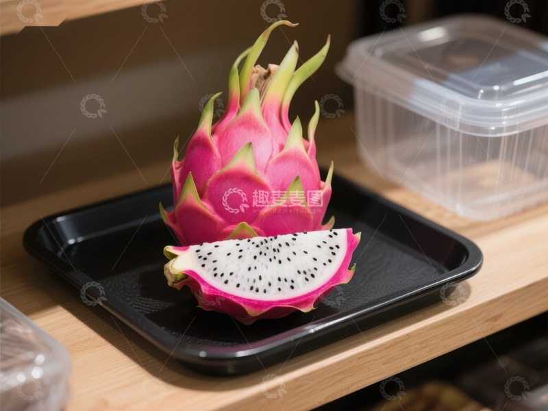 高清大图下载【趣麦麦图】切开的火龙果置于黑色托盘上
